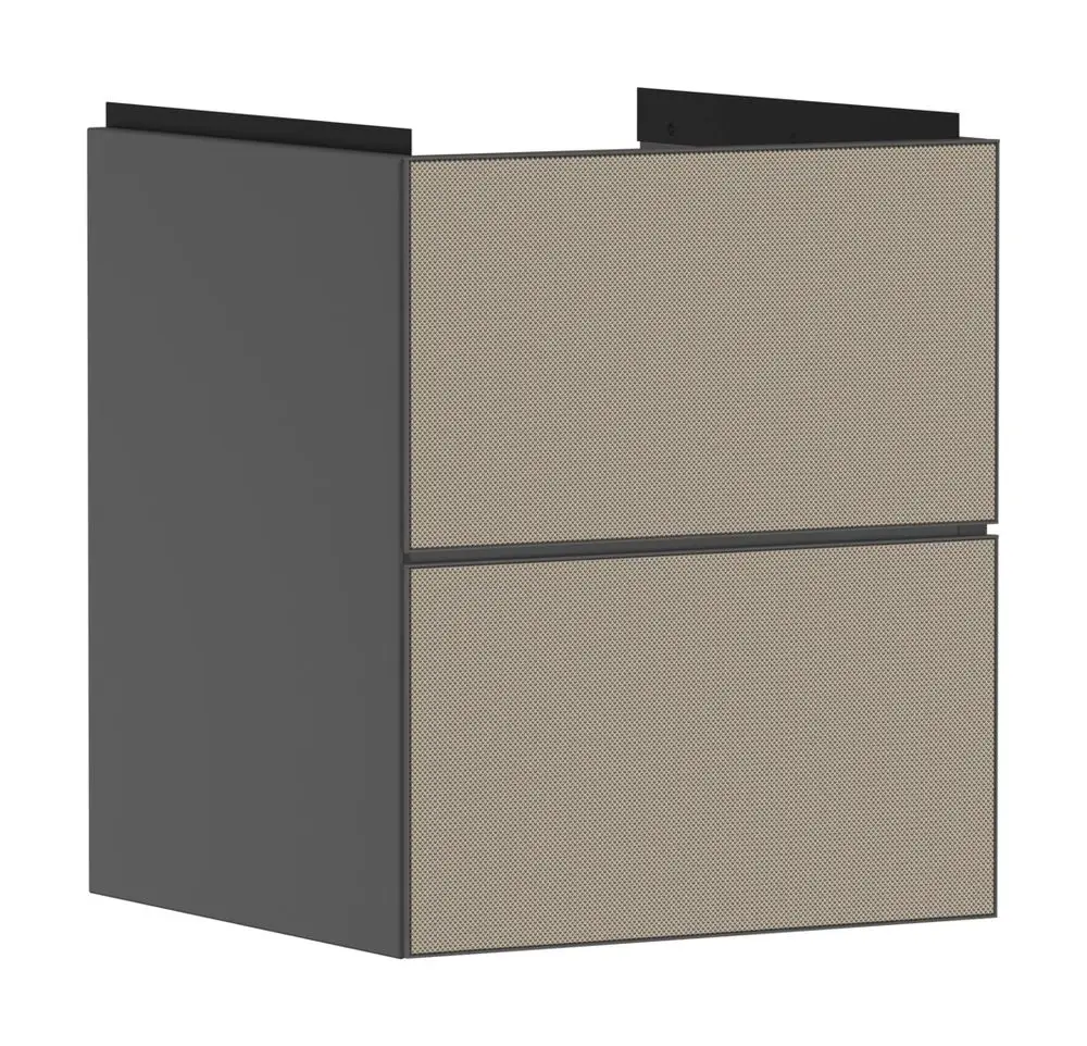 Hochschrank von Hansgrohe in schiefergrau mit zwei Schubkästen. Die Fronten sind mit einem feinen Gittermuster versehen. Ideal für die Nutzung mit einem Handwaschbecken.